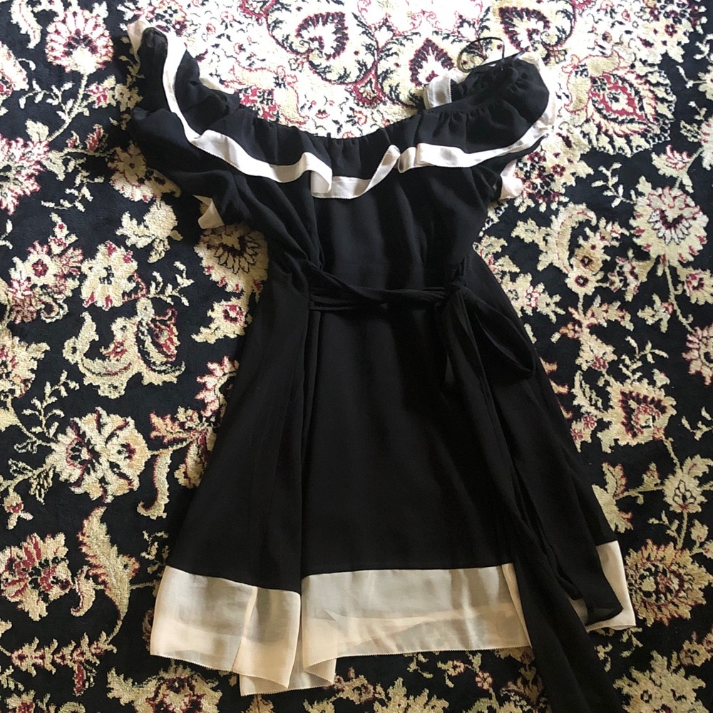 Black One-Shoulder Ruffle Dress with Cream Trim